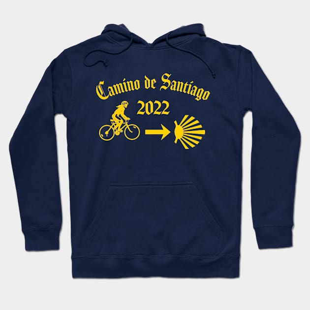 Camino de Santiago 2022 Woman Riding a  Bicycle Yellow Scallop Hoodie by Brasilia Catholic